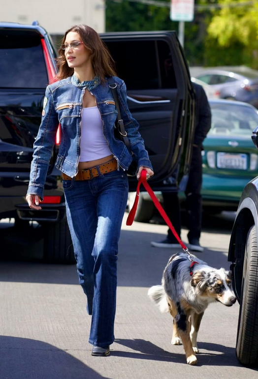 Bella Hadid in denim (cowgirl outfit) with dog