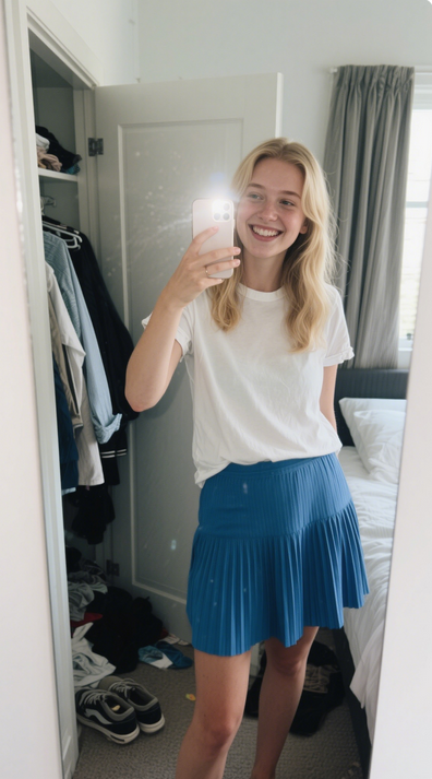 Elegant t-shirt paired with pleated skirt