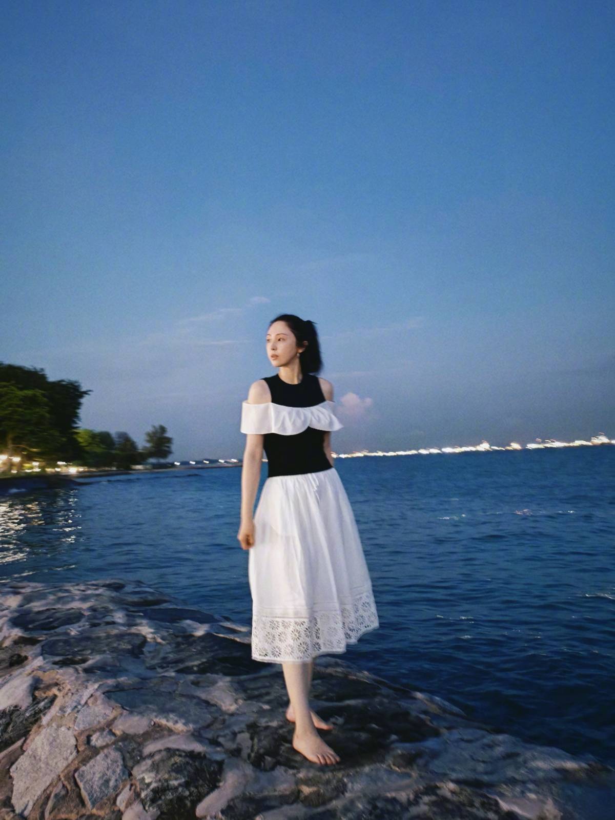 Black and white color-block eyelet dress