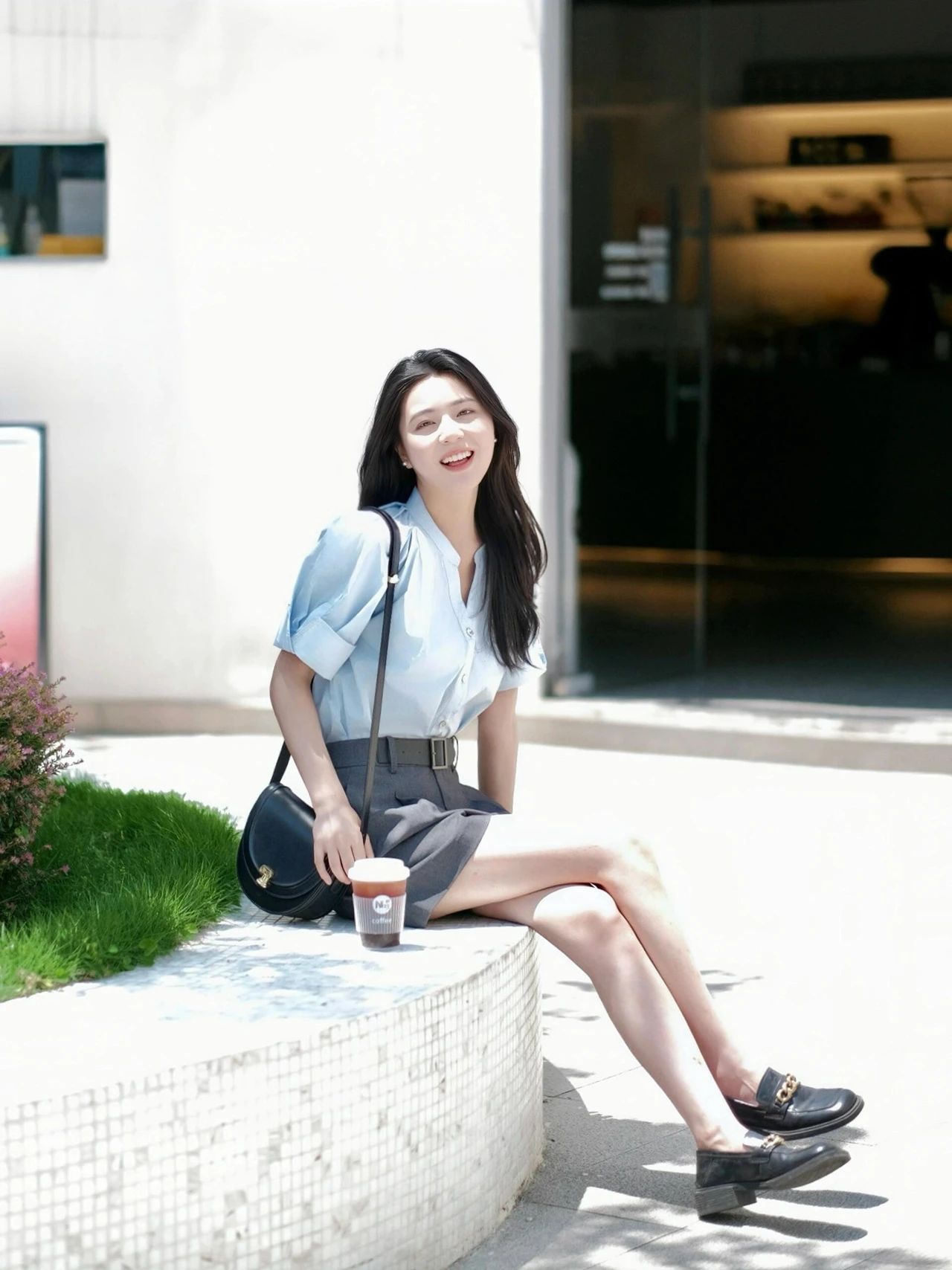 Office Outfit OOTD: Stylish blue blouse and gray pleated skirt