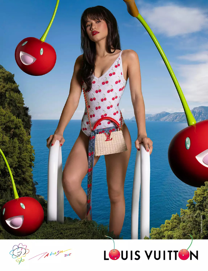 Zendaya wears a cherry-print bikini in her LV ad campaign.