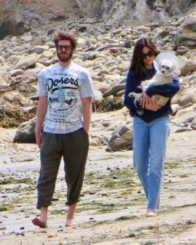 Andrew Garfield and Monica Barbaro spotted as a couple, walking their dog along the beach.
