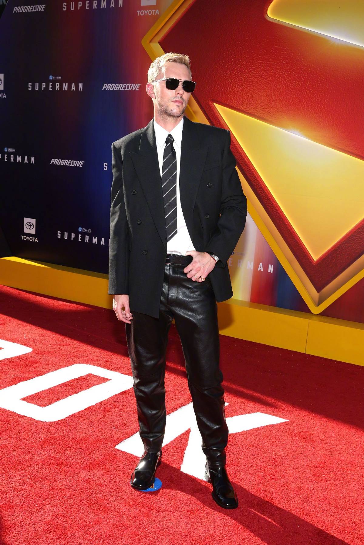 Nicholas Hoult, blazer with leather pants, cool and stylish