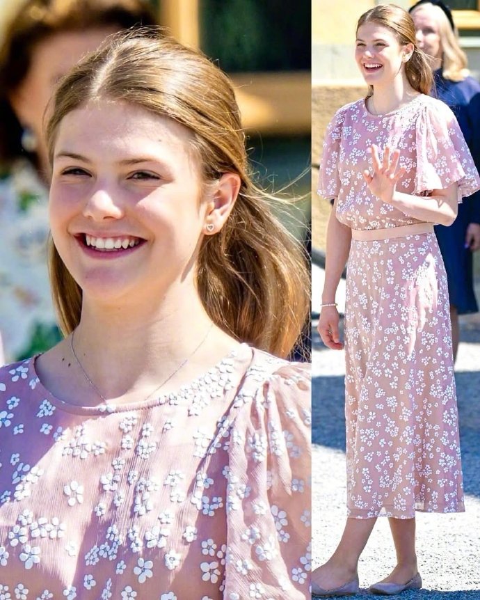 Princess Estelle in a floral embroidered midi dress