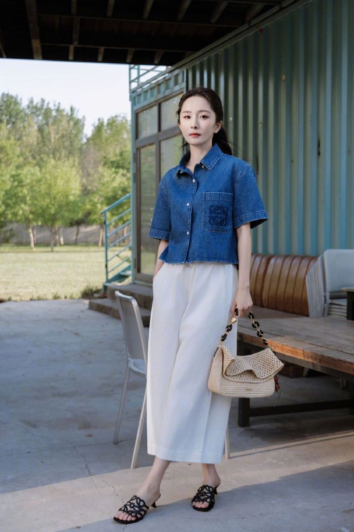 Denim shirt & wide-leg trousers combination