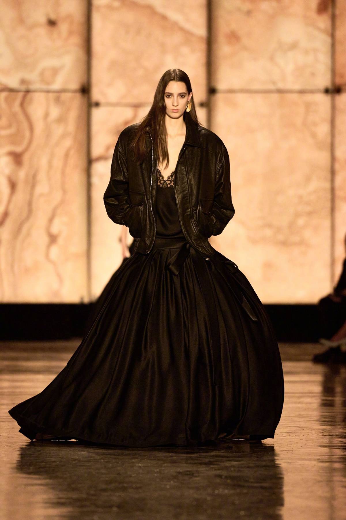 Saint Laurent 2025 Fall/Winter Collection, leather jacket paired with ball gown