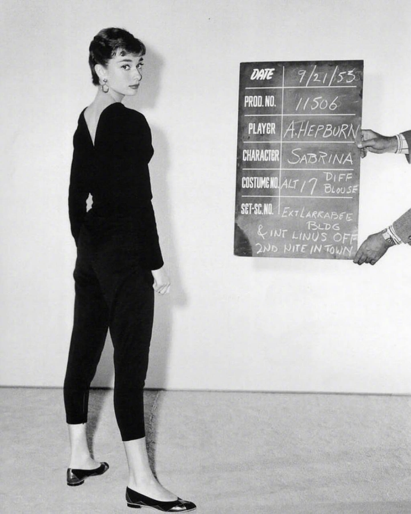 Audrey Hepburn auditioning for the film Sabrina in 1954. First outfit: a long-sleeve top & cropped pants combination