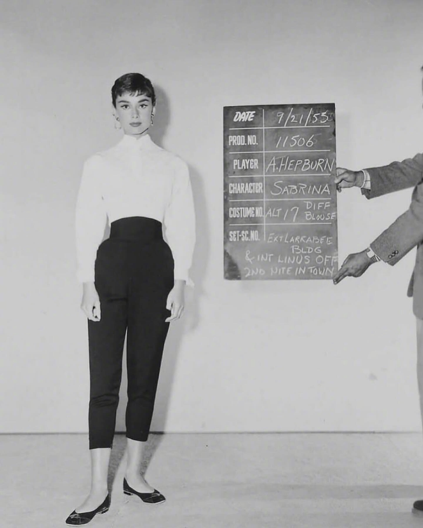 Audrey Hepburn auditioning for the film Sabrina in 1954. Second outfit: a high-waisted trousers & blouse combination
