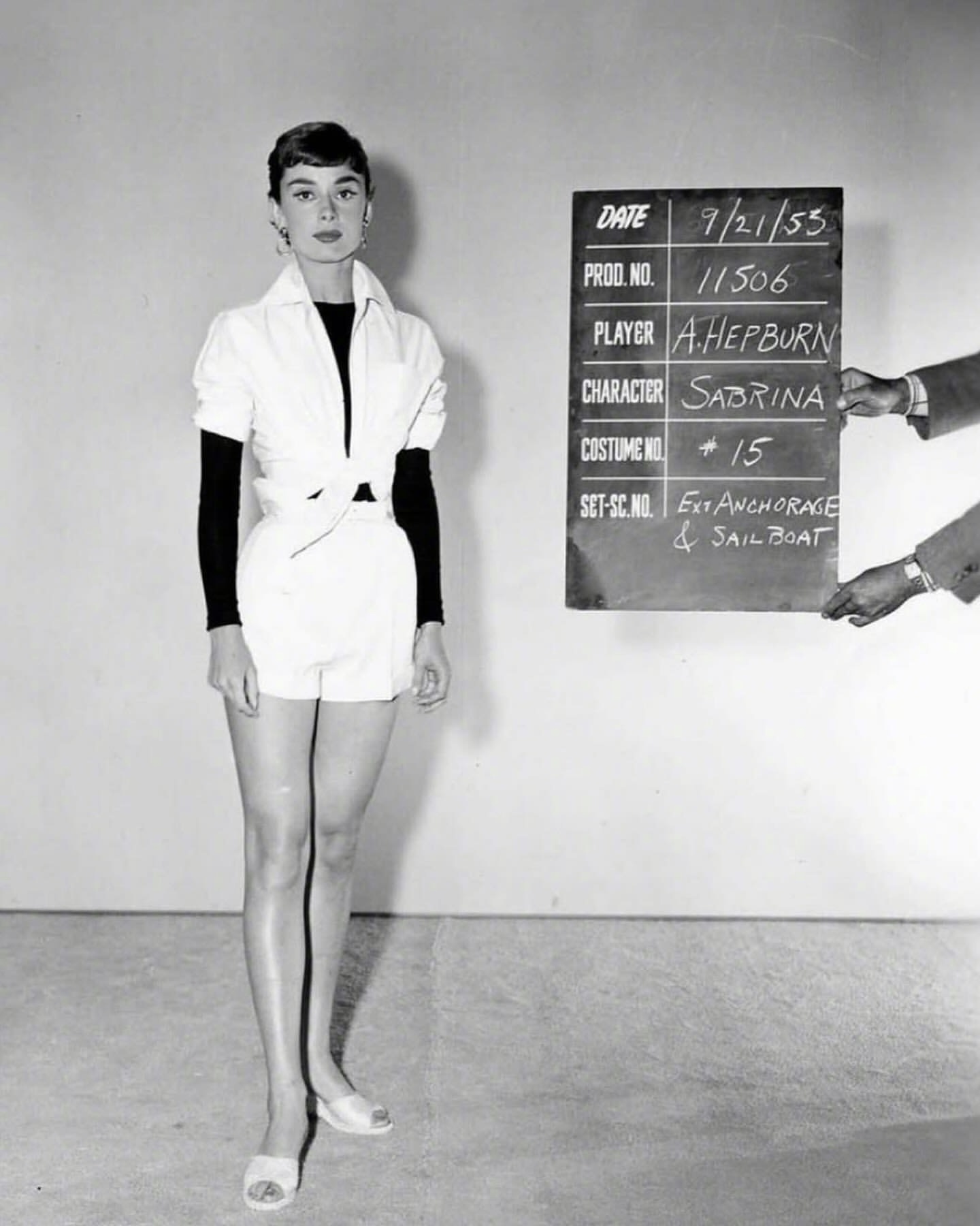 Audrey Hepburn auditioning for the film Sabrina in 1954. Outfit 3: white shorts paired with turtleneck