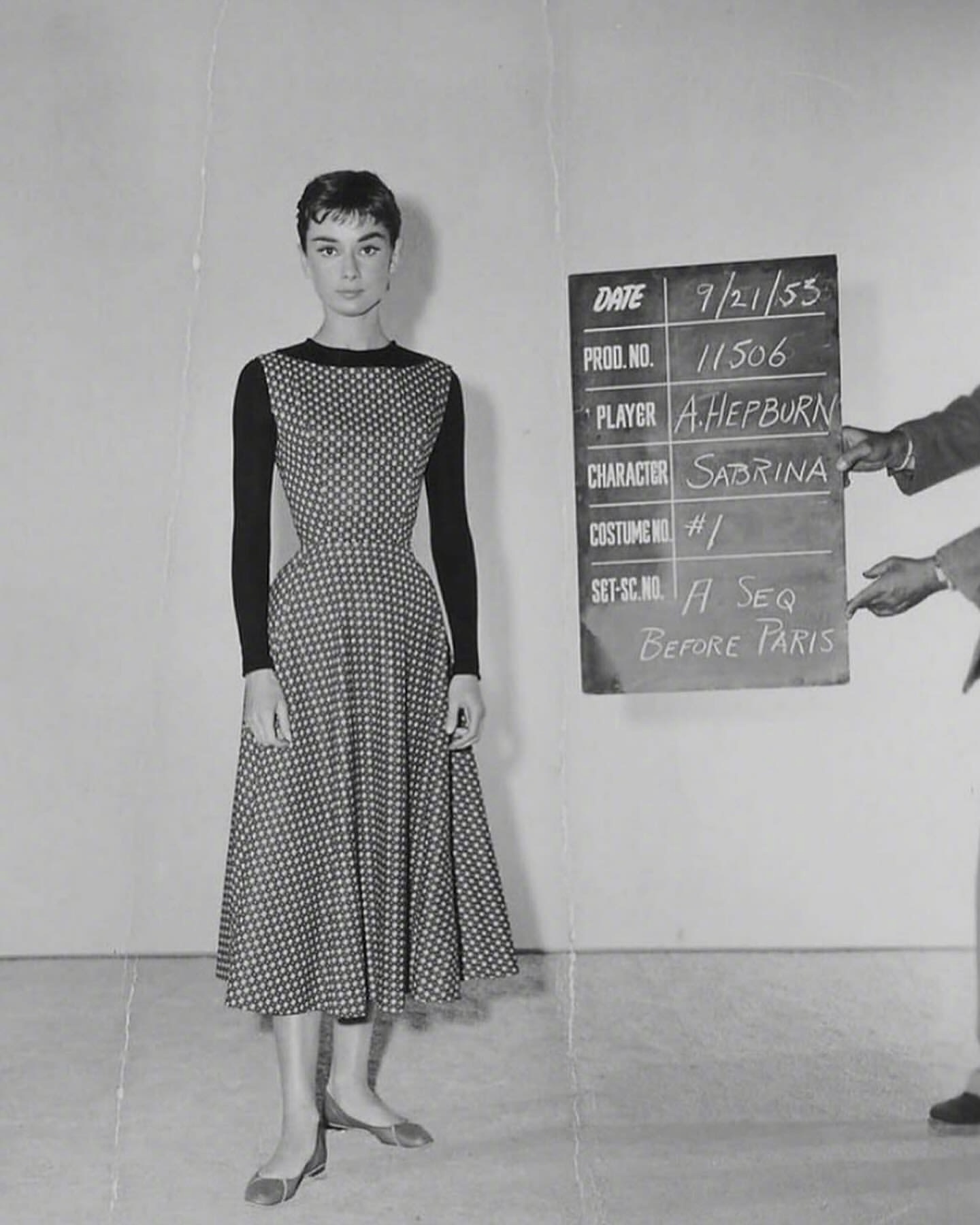 Audrey Hepburn auditioning for the film Sabrina in 1954. Outfit 4: black and white polka dot dress