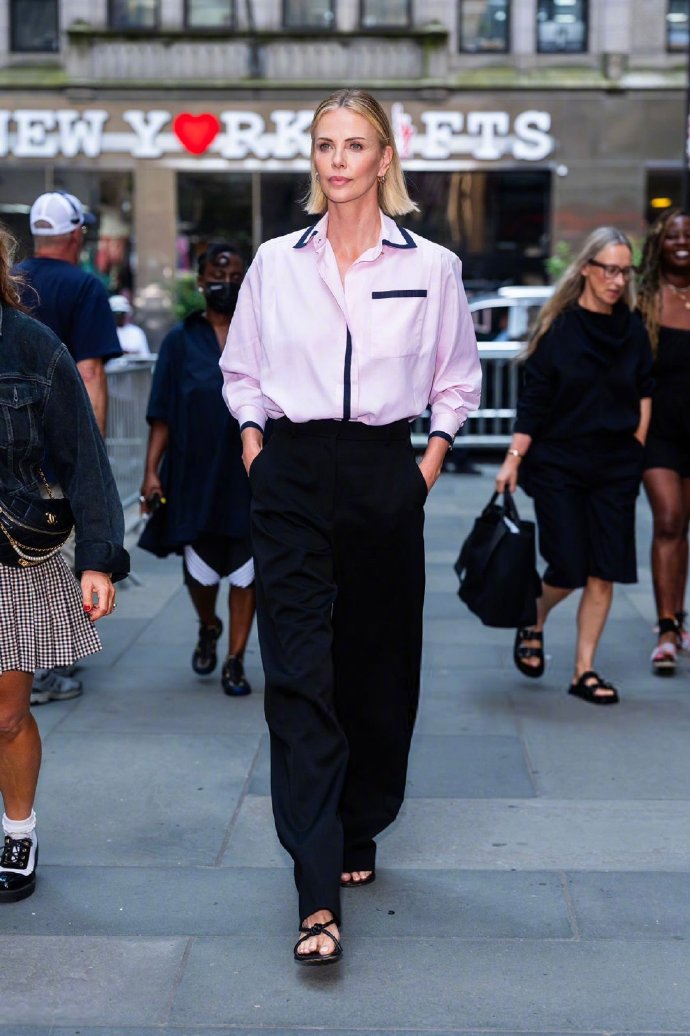 Charlize Theron on Today Show. Blouse & trousers combination