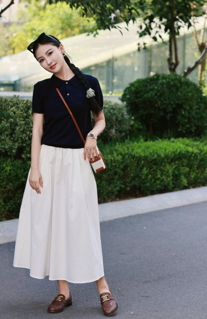 Knitted Polo shirt & midi skirt combination