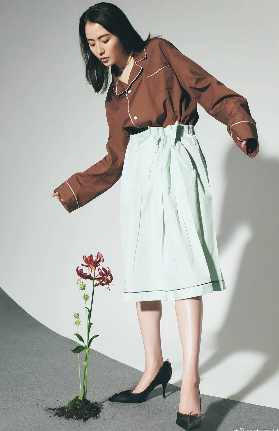 Masami Nagasawa wearing Prada: pajama shirt & midi skirt