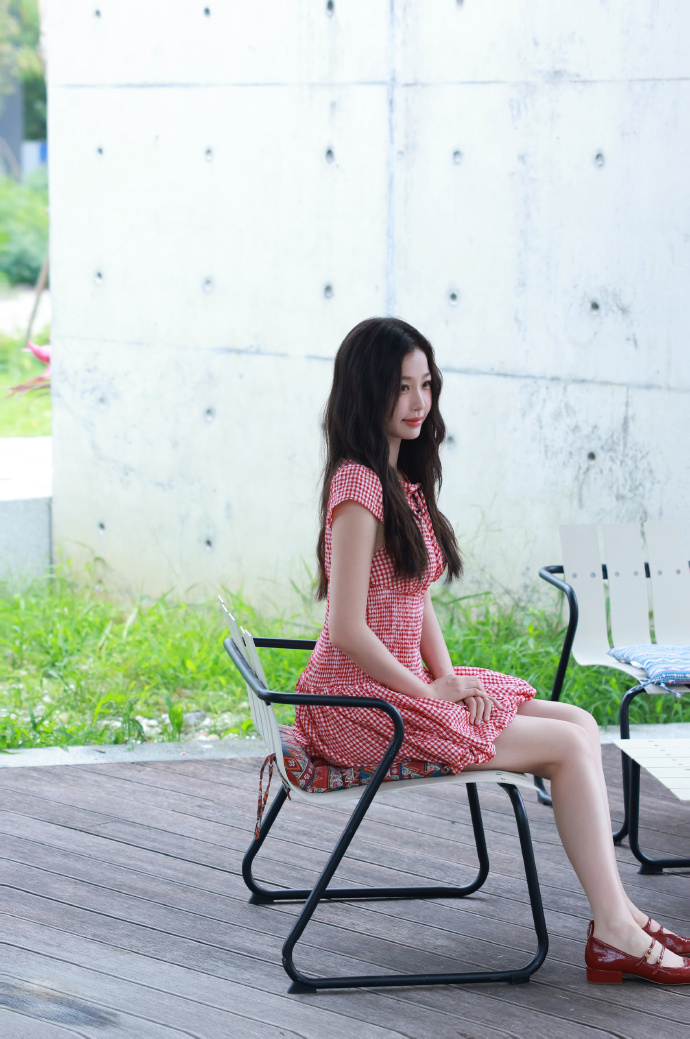 Red and white gingham dress paired with mary jane shoes
