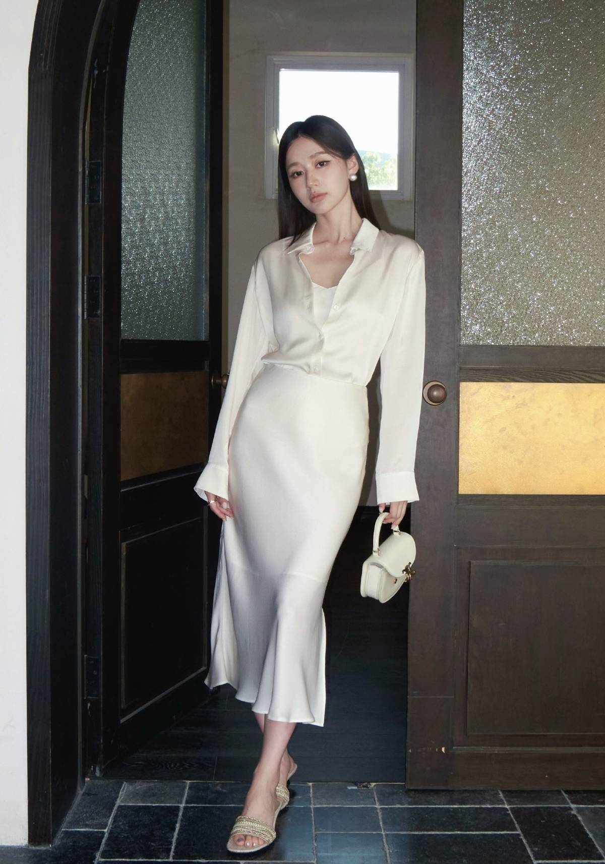 Fashionable Cream Silk Blouse and Ruffled Midi Skirt
