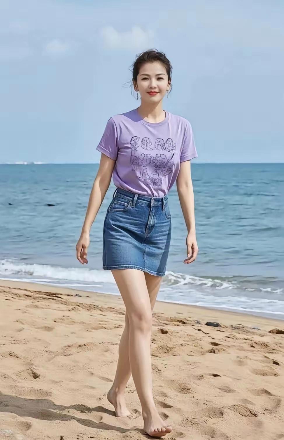 T-shirt with denim skirt, bare feet on the beach
