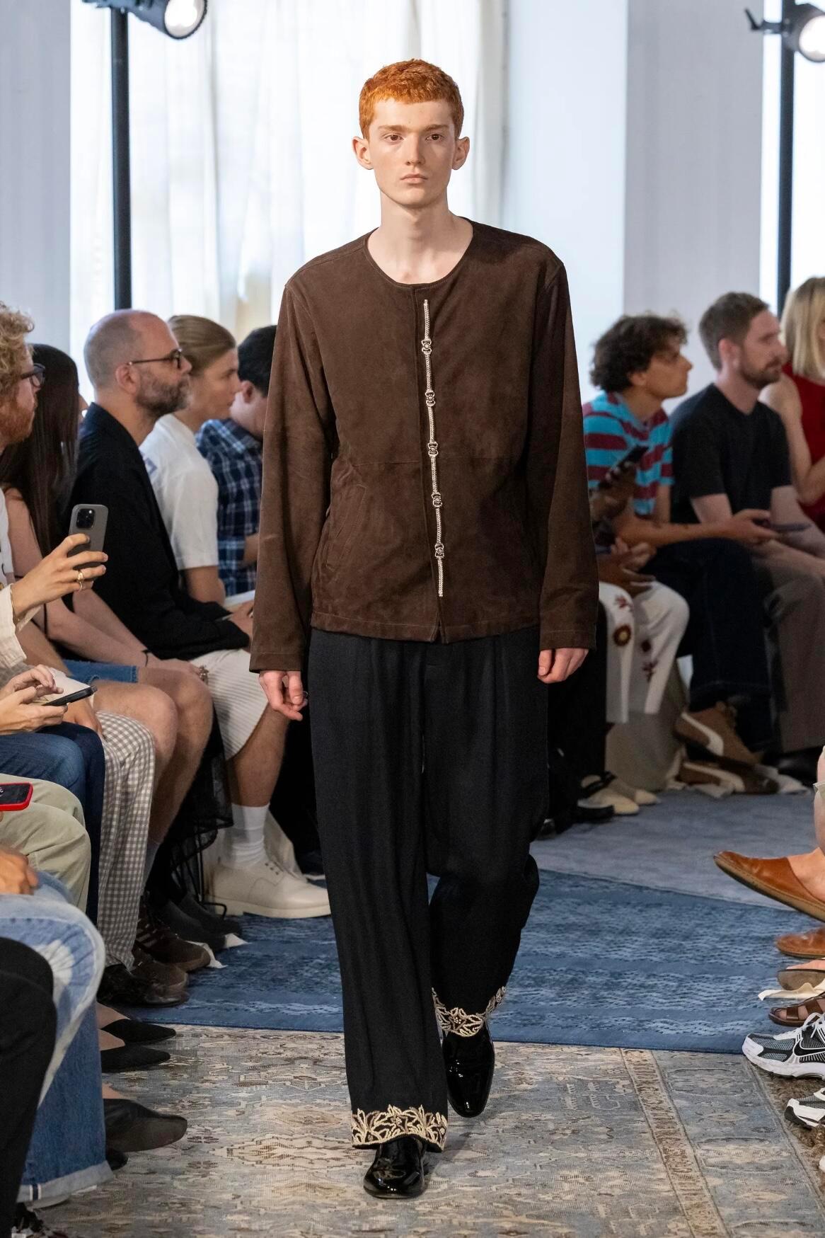 KARTIK Research Spring 2026 Menswear: Suede Jacket and Wide-Leg Pants Combo