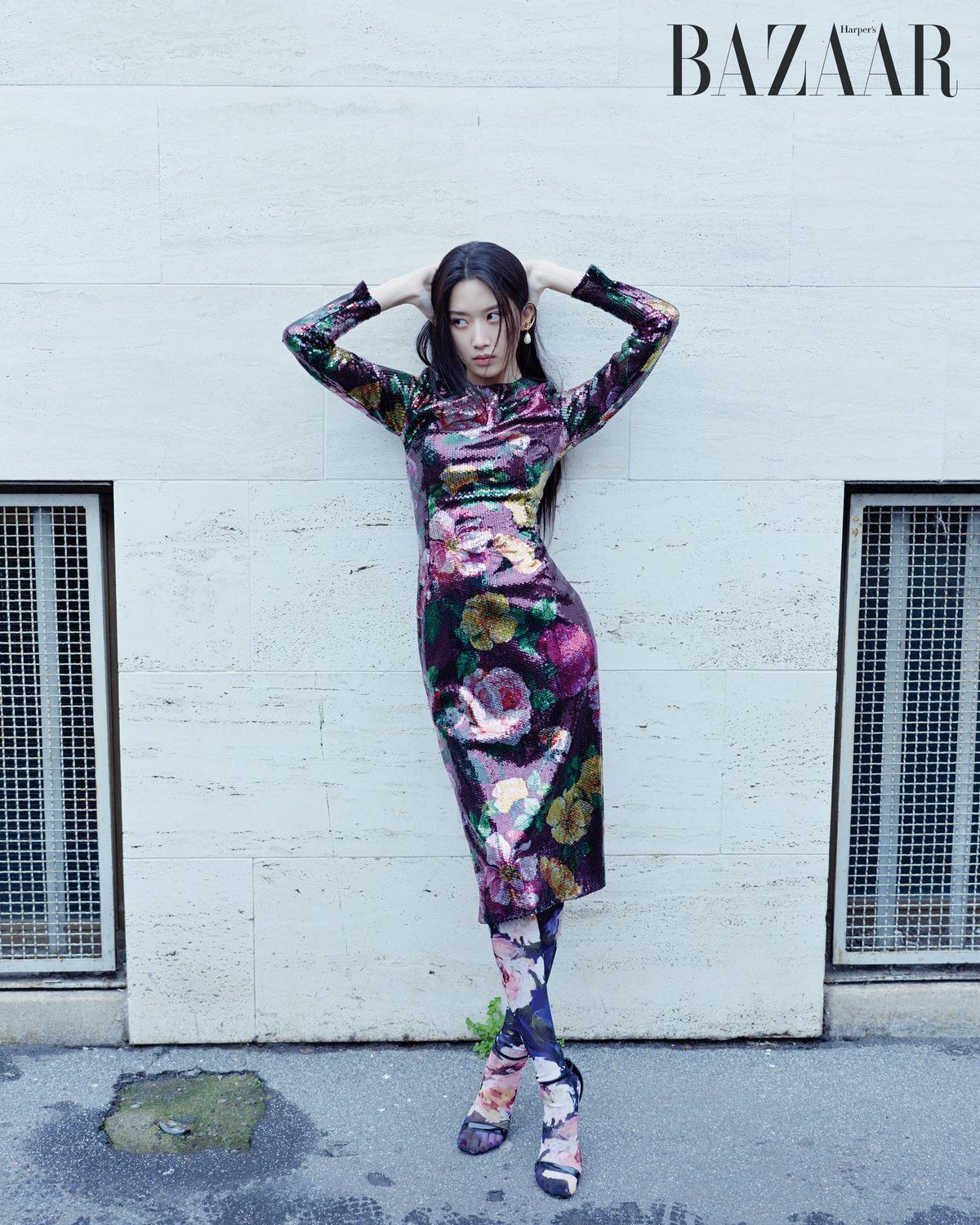 A boldly printed dress and matching stockings