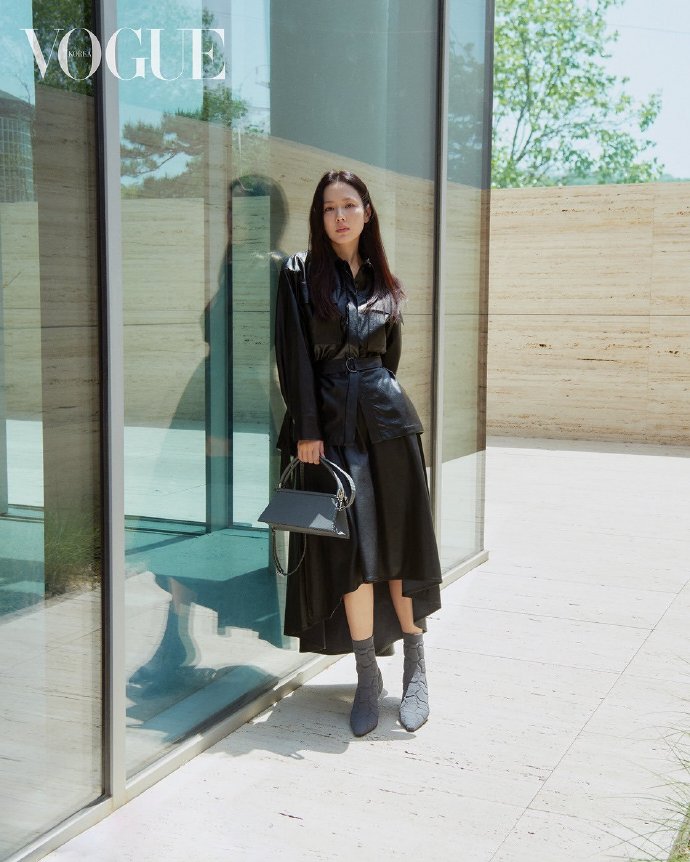Son Ye-jin x Vogue: Leather jacket and leather skirt.