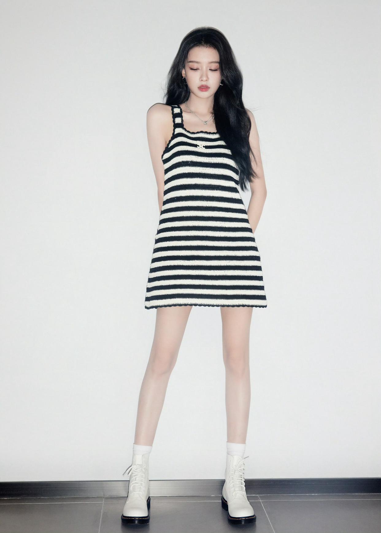 Black and white striped knitted dress
