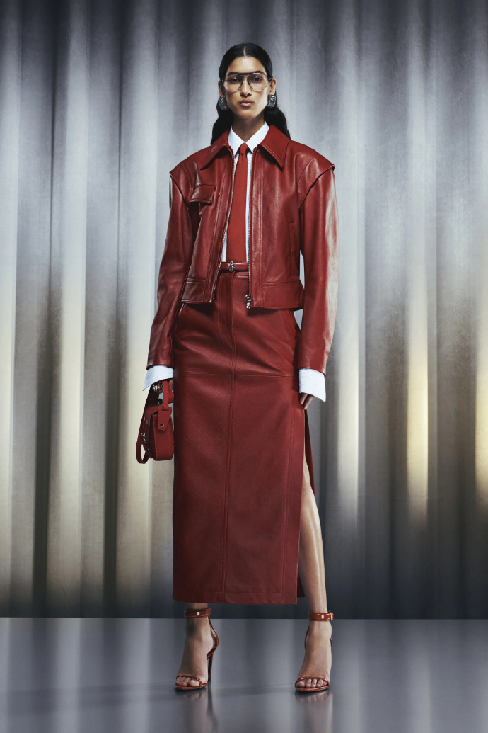 Ferrari Resort 2026 collection: Leather jacket & midi skirt combination