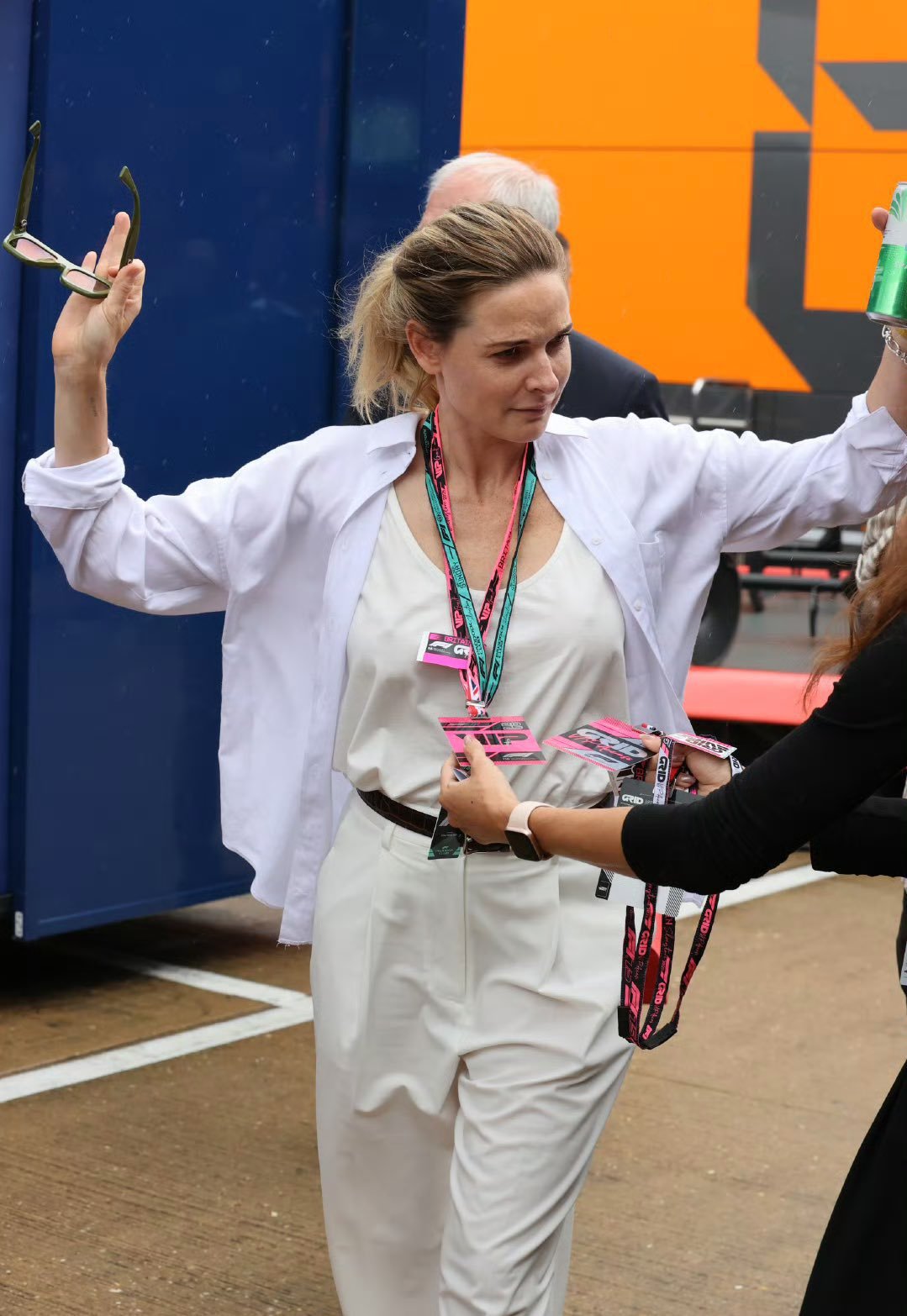 Rebecca Ferguson watches the F1 British Grand Prix