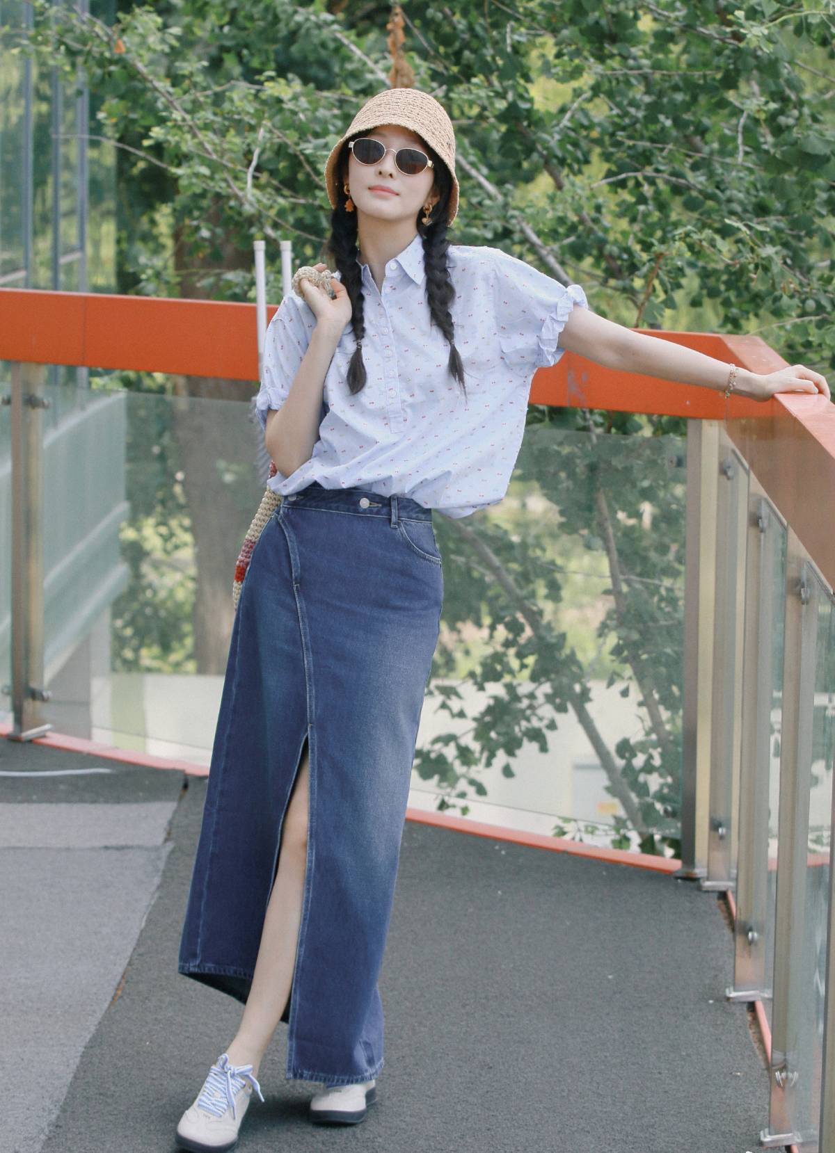 Casual Summer Style with Denim Skirt and Patterned Blouse