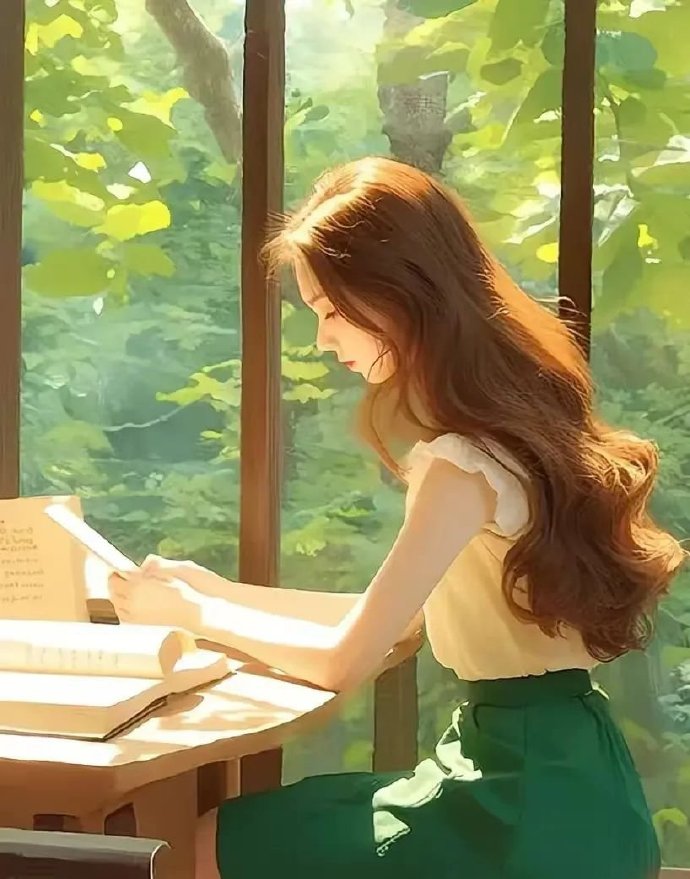 A girl with curly hair and a green skirt reading a book seriously