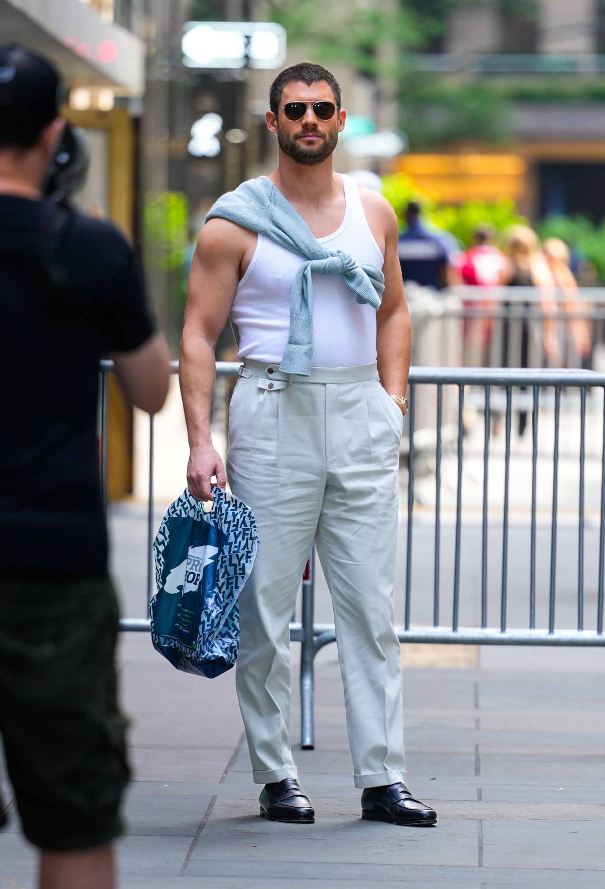 Casual Tank and High-Waisted Trousers Pairing with Loafers and Sweater Drape