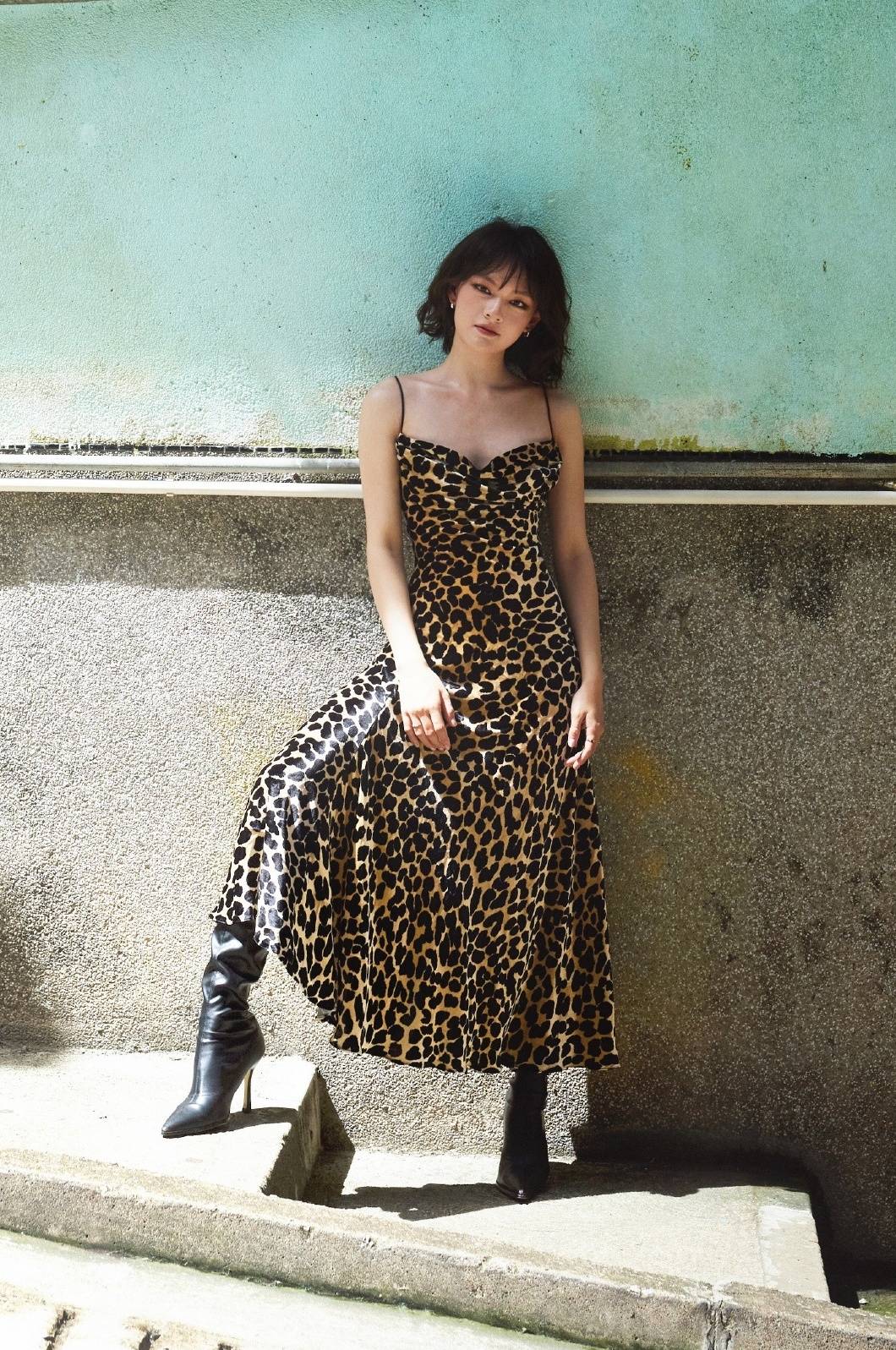Chinese actress Wen Qi, leopard print slip dress