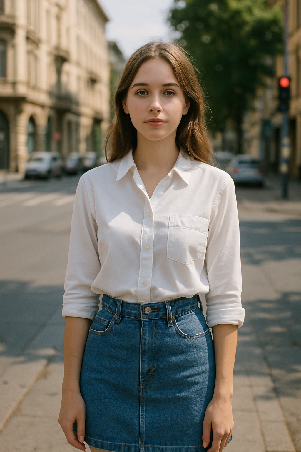 A girl in a white shirt and denim skirt.