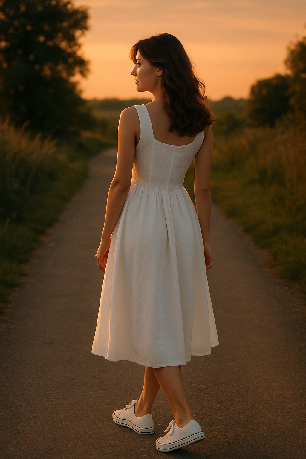 White dress and white canvas shoes