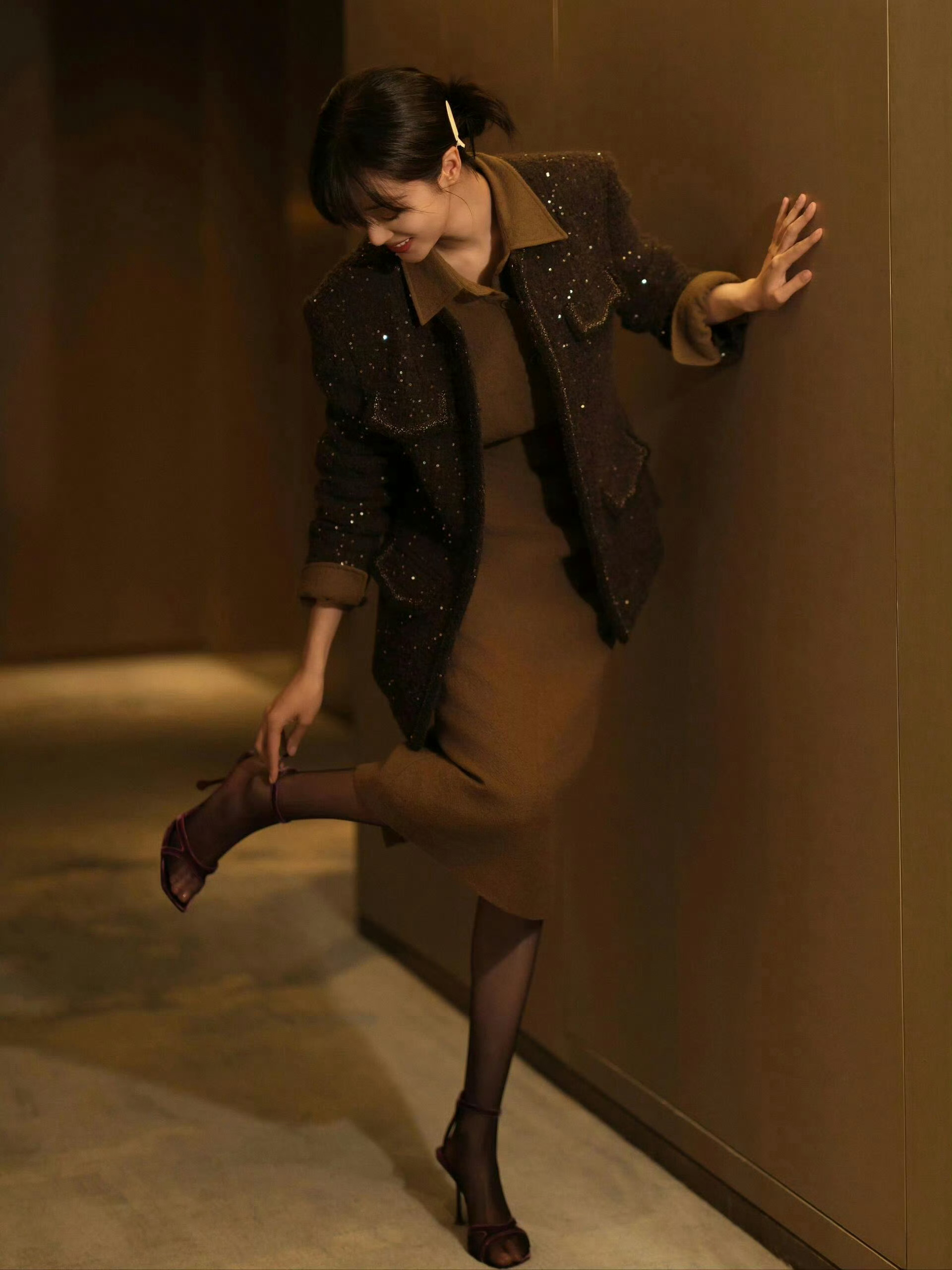 Tweed jacket & knit dress combination