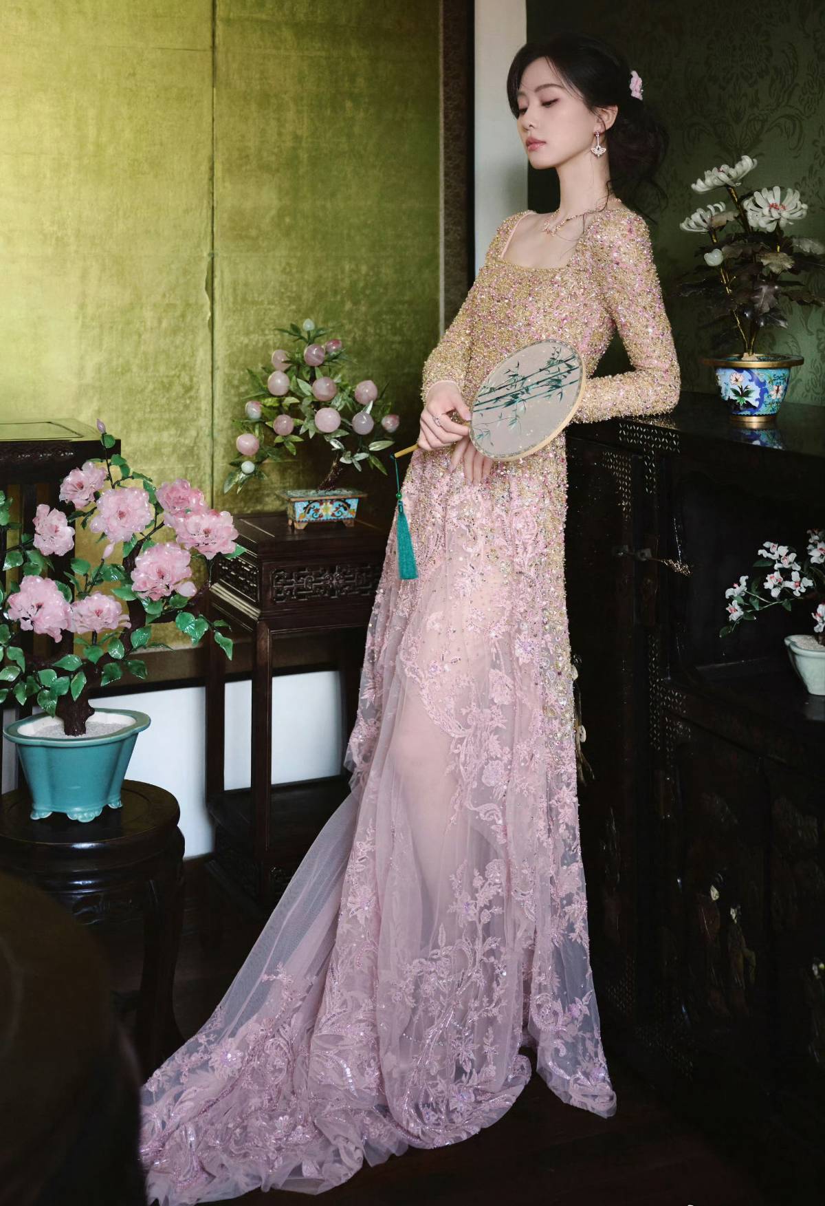 Shimmering purple sheer embroidered lace gown