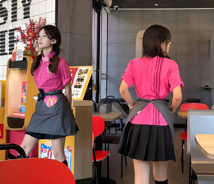 A McDonald girl in a pleated mini skirt
