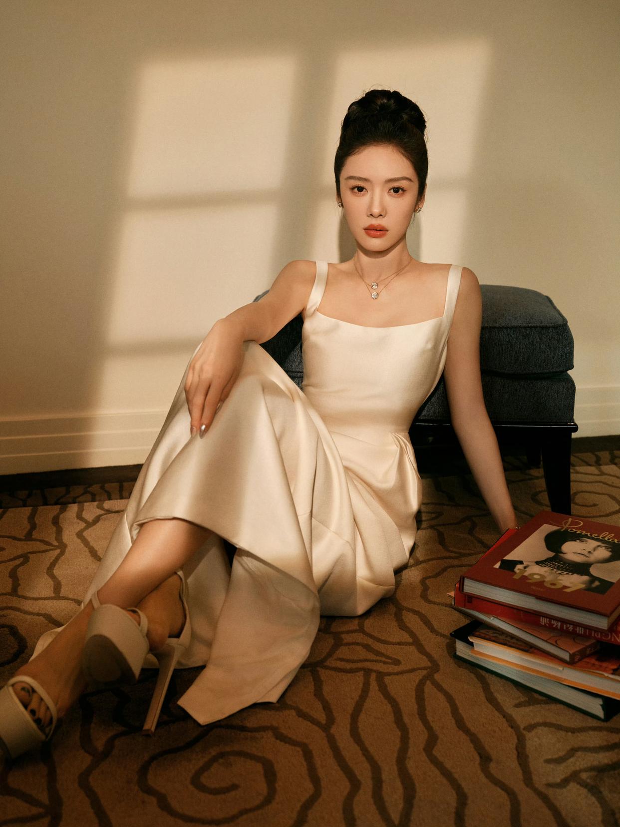 Review of a cream-colored satin dress