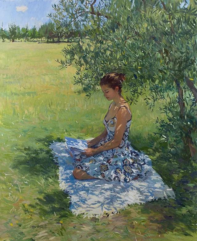 A woman reading a book in a floral sundress - Marc Dalessio