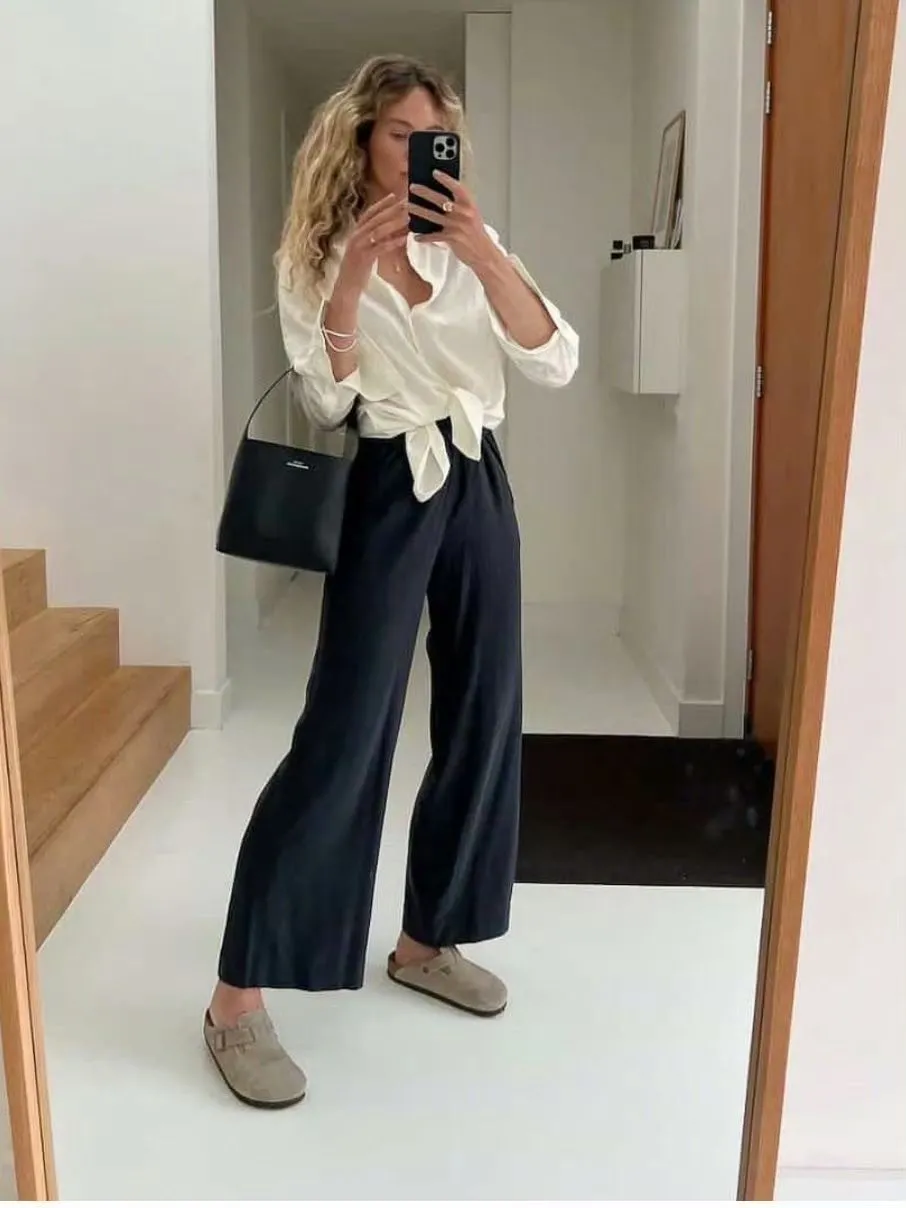 Chic White Blouse and Black Wide-Leg Pants with Beige Shoes