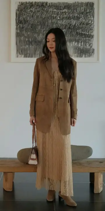 Sophisticated Earth-Toned Blazer and Pleated Maxi Dress Ensemble