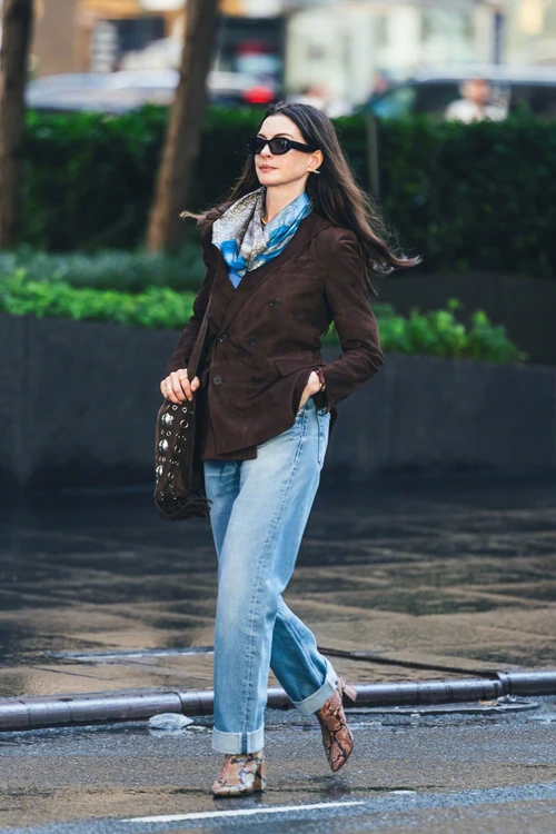 Urban Chic with Brown Blazer, Relaxed Jeans, and Snake Print Boots