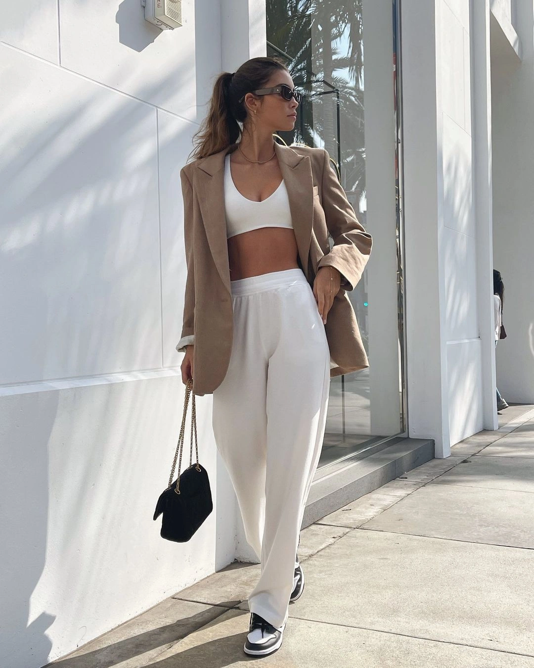 Chic Beige Blazer Paired with White Crop Top and Pants for Effortless Style