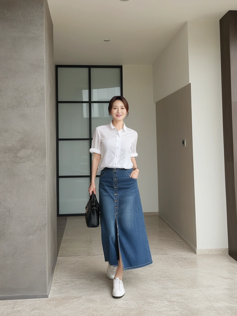 Stylish Simplicity: White Button-Up Shirt with Denim Midi Skirt and Sneakers