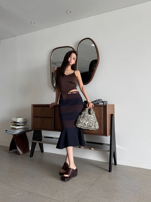 Elegant Brown Camisole with Striped Mermaid Skirt and Platform Wedges