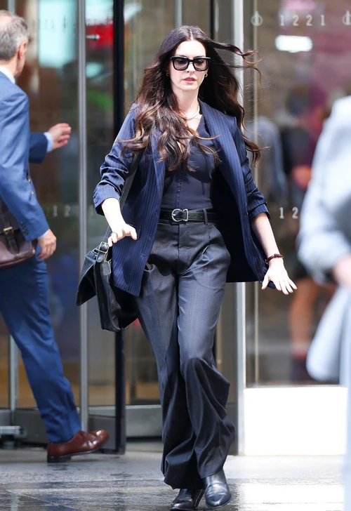 The Devil Wears Prada 2, Anne Hathaway, Chic Navy Pinstripe Blazer and Trousers Ensemble with Modern Accessories