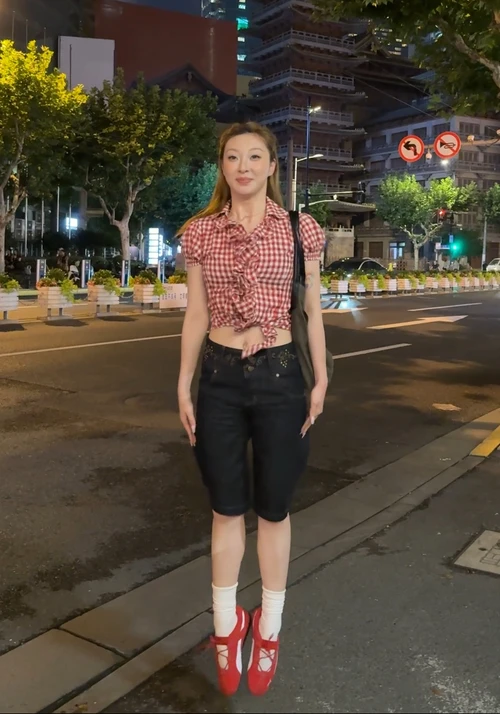 Vibrant Red Gingham Crop Top with Denim Shorts and Ballet-Inspired Footwear