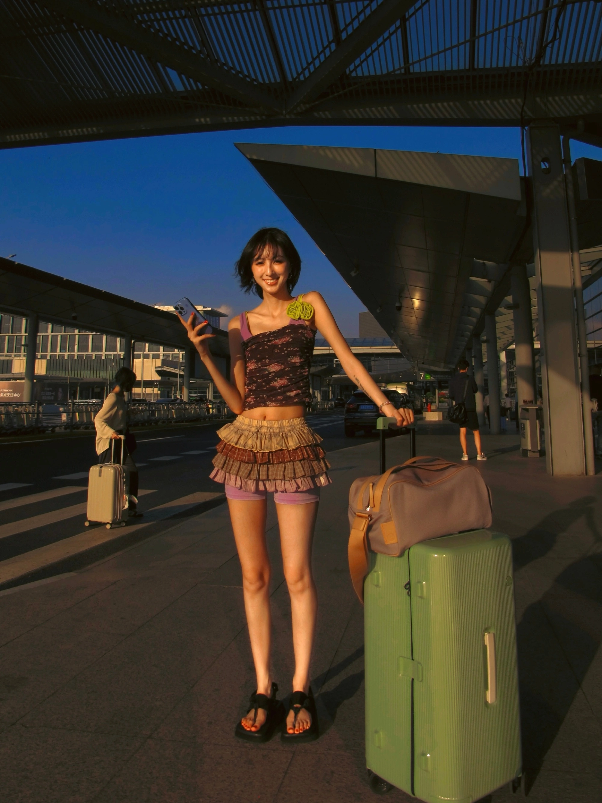 Playful Ruffle Skirt with Floral Tank Top: A Vibrant Travel Outfit