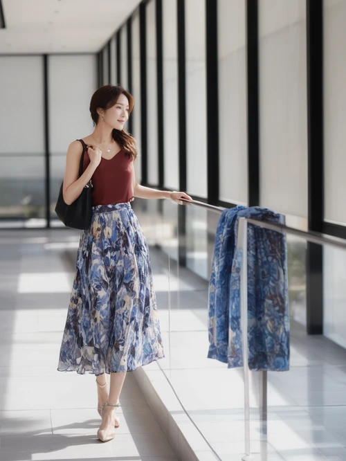Sophisticated Brown Top with Flowing Floral Midi Skirt and Nude Shoes