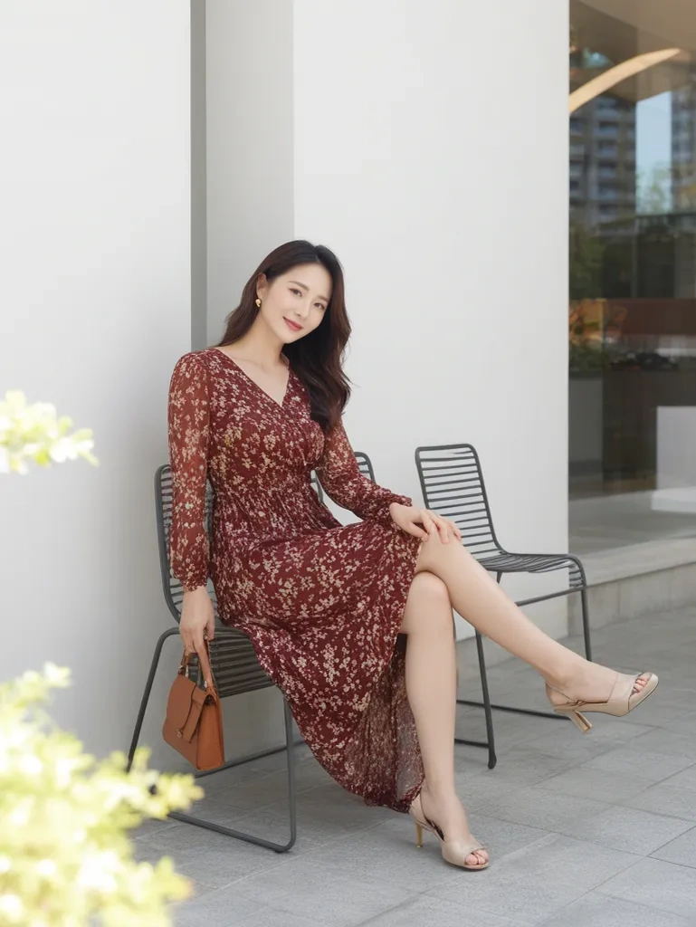 Elegant Burgundy Floral Dress Paired with Beige Heels and a Brown Bag for a Chic Semi-Formal Look