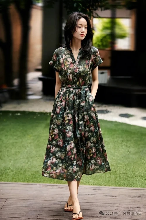 Elegant Floral Midi Dress with Waist Tie and Sandals for a Chic Summer Look