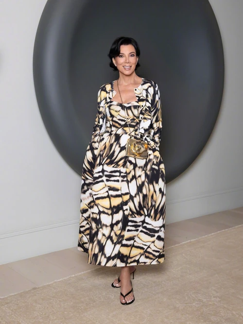 Bold Abstract Print Dress with Metallic Gold Accessories for Elegant Evening Style